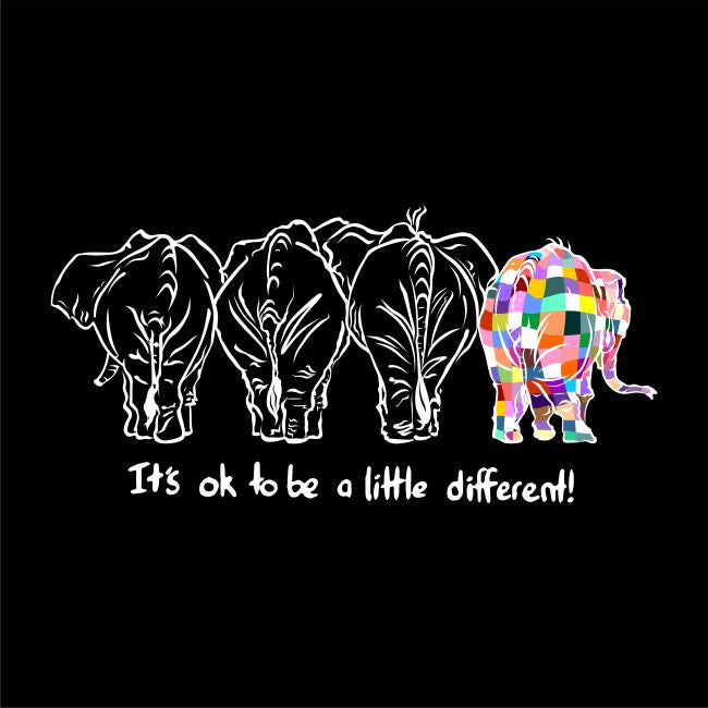 Four elephants, three black and one multicolored, with the text 'It's ok to be a little different!' on a black background.