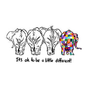 Four elephants, with the third one being colorful, on a white background with the text 'It's ok to be a little different!'.